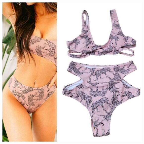 NEW 2 PC Pink Cheetah Leopard Animal Print Rise Cut Out Bikini Size Small - Picture 1 of 14